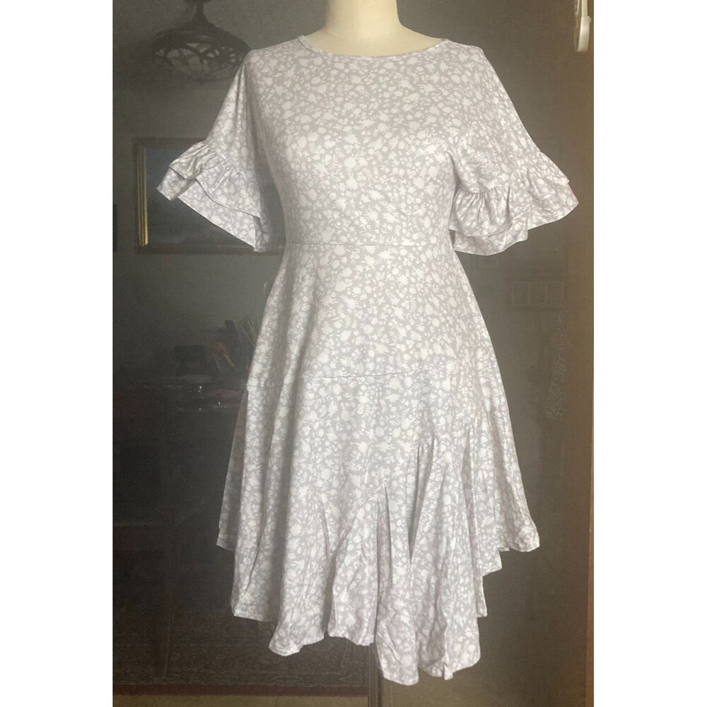 Joyfolie Mia Joy Emilia Dress Sz 12 Taupe Floral Ruffle Asymmetrical Cottagecore